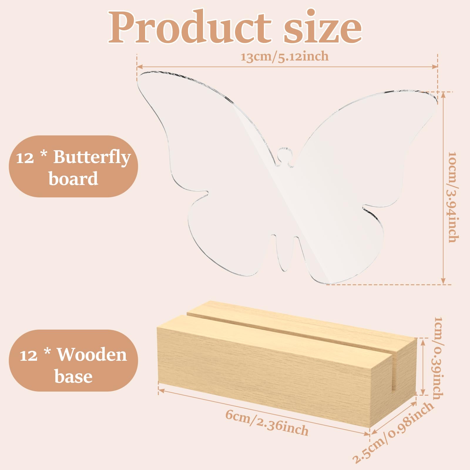 12 Pcs Butterfly Acrylic Sign with Wood Stand DIY Butterfly Place Cards Holder Reusable Butterfly Sign Blank Clear Butterfly Table Sign for Name Card Wedding Sign Event Party Sign Decoration, 5 x 4 in