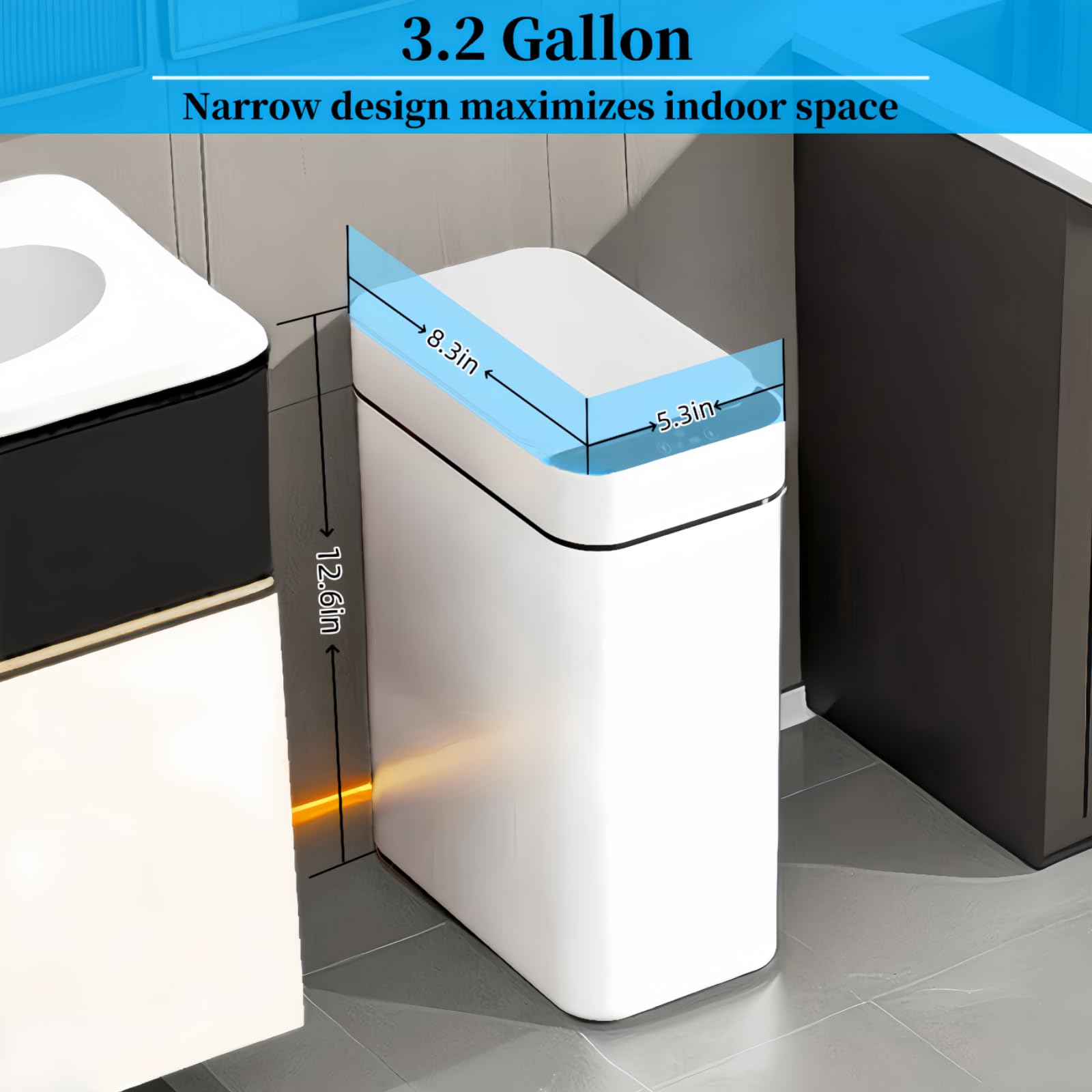 Nraykoley Bathroom Trash Can with Lid, 2 Pack 3.2 Gallon Touchless Bathroom Trash Can, Plastic Trash Bin, Slim Garbage Can with Quick Pop-Up Lid, Electric Smart Waste Can for Bedroom Office Kitchen