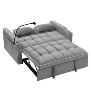 3 in 1 Sleeper Sofa Couch Bed,Velvet Convertible Loveseat Sleeper Sofa Bed,Pull Out Sofa Bed With USB Port & Ashtray and Swivel Phone Stand & Storage Pockets,Modern Sleeper Sofa for Living Room,Gray