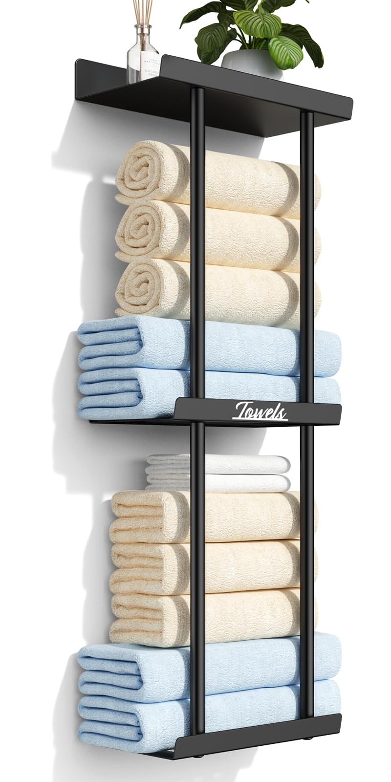 Towel Racks for Bathroom - Bathroom Towel Storage Rack Wall Mounted, Black Wall Towel Holder for Rolled Towels