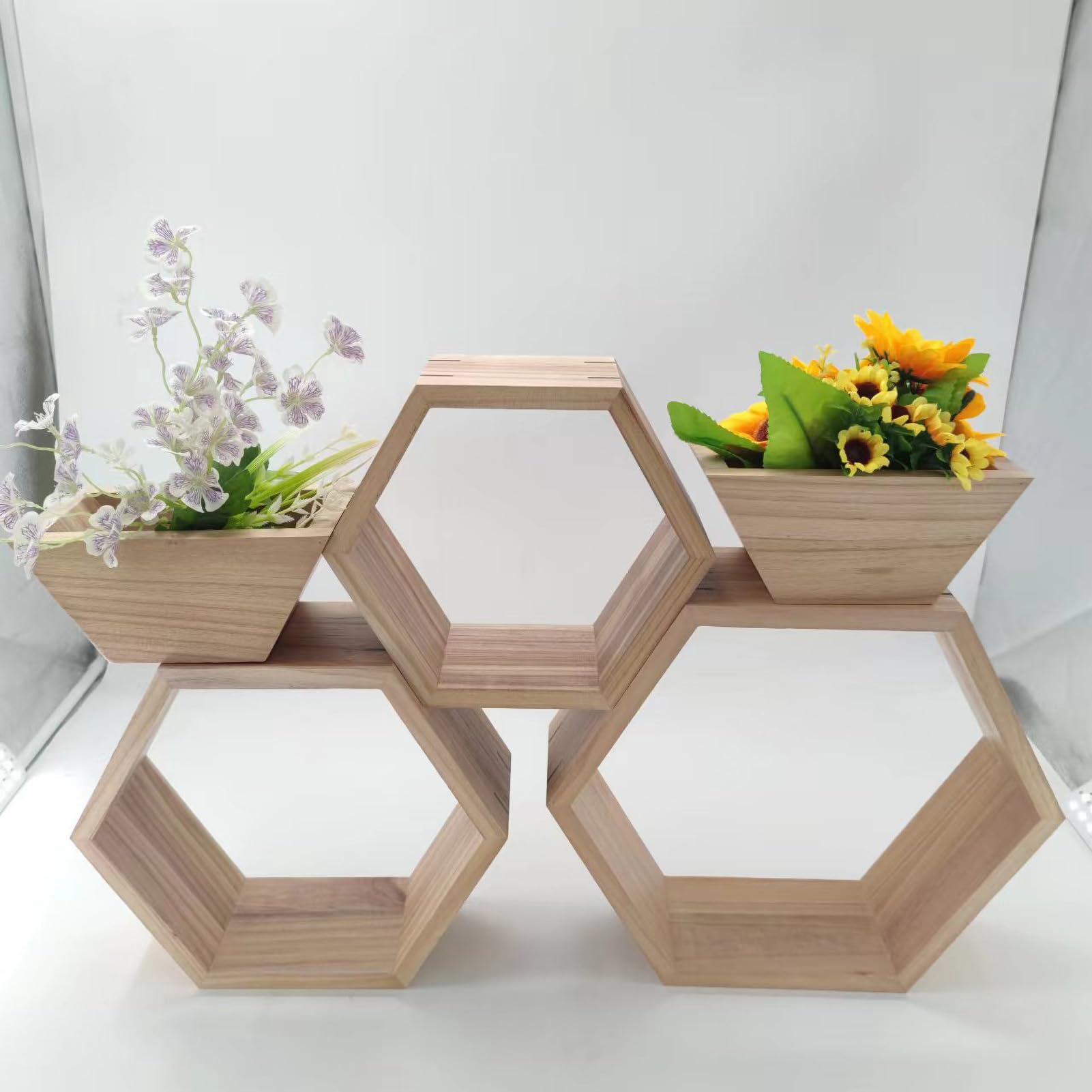 CYYZB Hexagon Floating Shelves,Set of 5 Honeycomb Shelves for Wall,Rustic Brown Wood Farmhouse Storage Home Decor Shelf,Wall Mounted Wooden Hexagonal Shelves for Bedroom Living Room