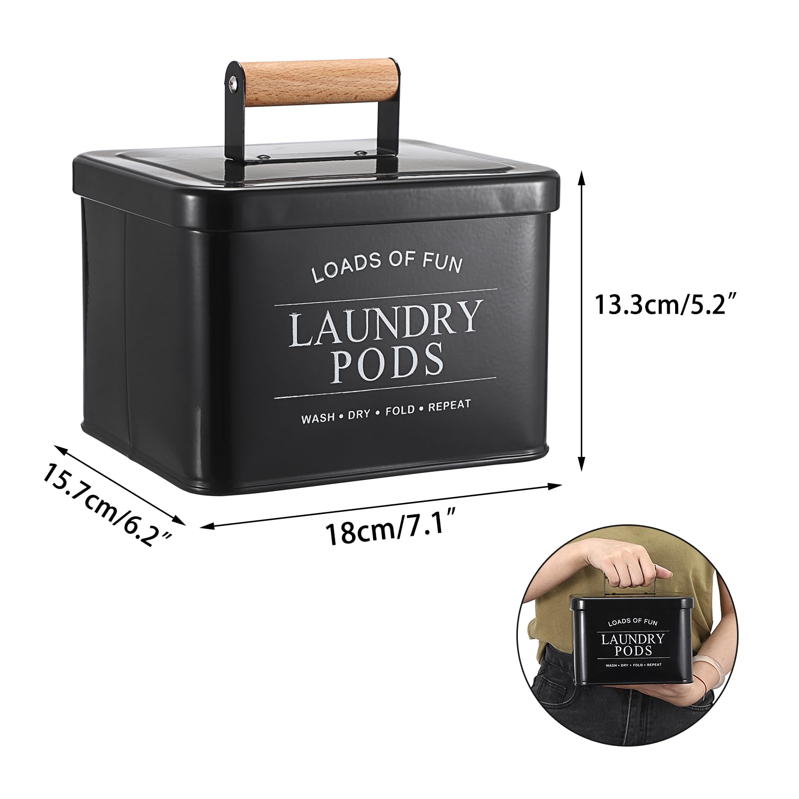 Sumnacon Laundry Pods Container Metal Laundry Pod Holder with Lid, Farmhouse Laundry Room Organization and Storage Container for Detergent Powder Laundry Pods Dry Sheets Dryer Balls, Black