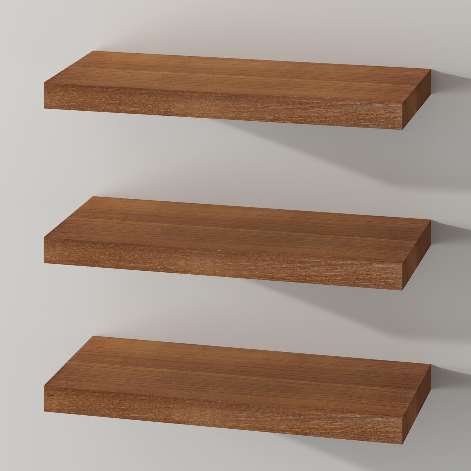 SAUMONIERES Floating Shelves Wall Shelf Solid Wood for Bathroom Bedroom Kitchen Wall Storage Set of 3, Walnut Wall Shelves