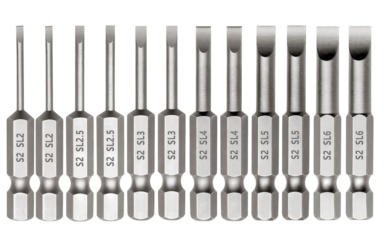 Saipe 12 Pieces Magnetic Slotted Screwdriver Bit Set, 1/4 Inch Hex Shank Flat Head Drill Bits Insert Bits 2 Inch Length, SL2/2.5/3/4/5/6 Impact Driver Bit for Power Drilling, Set of 2