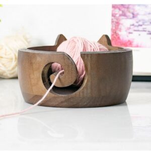 Cute Cat Yarn Bowl, New Yarn Bowls Yarn Storage Bowl with Carved Holes & Drill, Creative Wooden Handmade Round Woolen Bowl for DIY Knitting Crocheting Accessories (Orange)