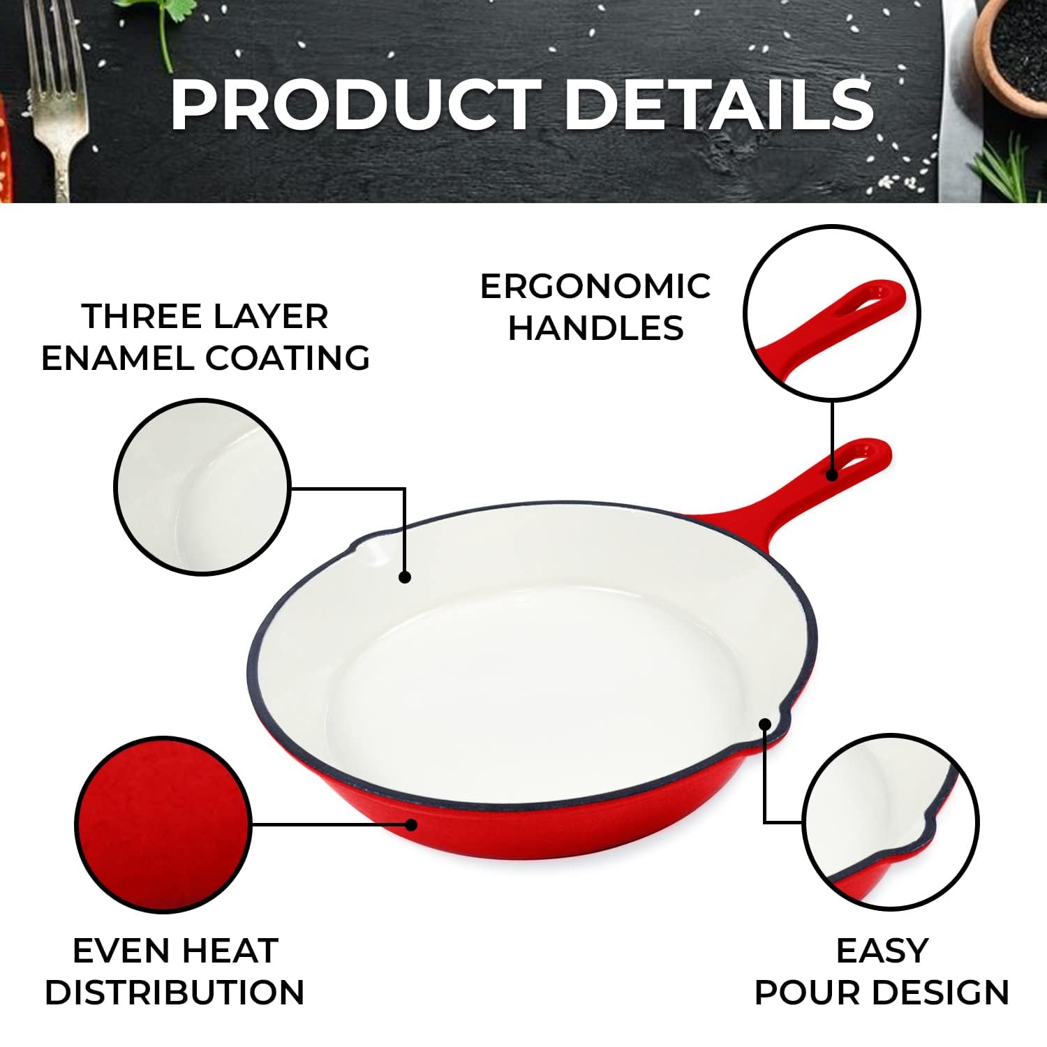 Healthy Choices 8" Small Enameled Cast Iron Skillet & 1 Qt Enameled Cast Iron Saucepan with Lid, Red Enameled Set, Heavy Duty, Indoor and Outdoor Use, Dishwasher Safe, Bake, All Cooktops upto 500°F