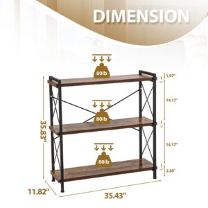 NICECOZY 3 Tier Bookshelf, Open 3 Shelf Short Bookcase, Rustic Shelves with Metal Frame, Industrial Book Shelf for Bedroom Home Office Living Room, Rustic Brown