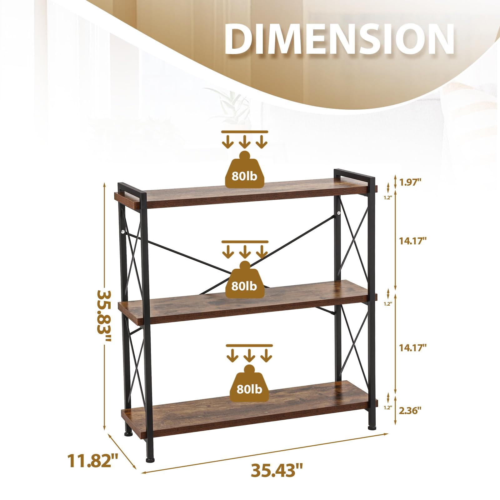 NICECOZY 3 Tier Bookshelf, Open 3 Shelf Short Bookcase, Rustic Shelves with Metal Frame, Industrial Book Shelf for Bedroom Home Office Living Room, Rustic Brown