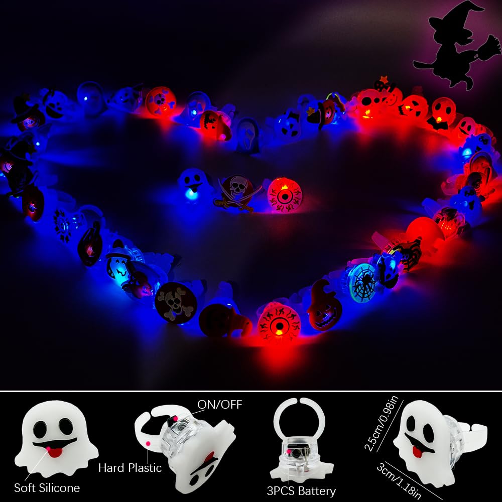 50PCS Halloween Light Up Rings, Assorted Ghost Pumpkin Flash LED Rings Toys Glow in the Dark Rings Toys for Halloween Kids Party Favors