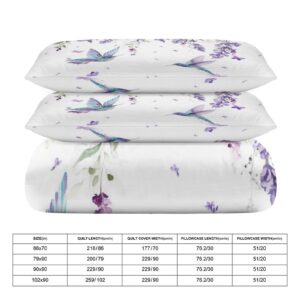 GDSCCLGX Rustic Spring Lavender Hummingbird Duvet Cover Set 3 Piece Queen Size,1 Modern Minimalist Art Vine Purple Garden Lavender Butterfly Duvet Cover&2 Pillowcases(No Insert)