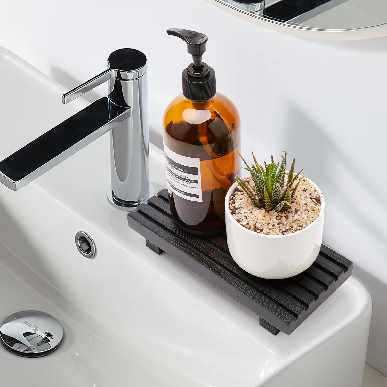 Small Bathroom Counter Organizer Tray Decorative Wood Display Pedestal Stand Kitchen Counter Soap Tray Wooden Risers for Bathroom Sink Accessories Vanity Black Bathroom Decor Dish Soap Holder