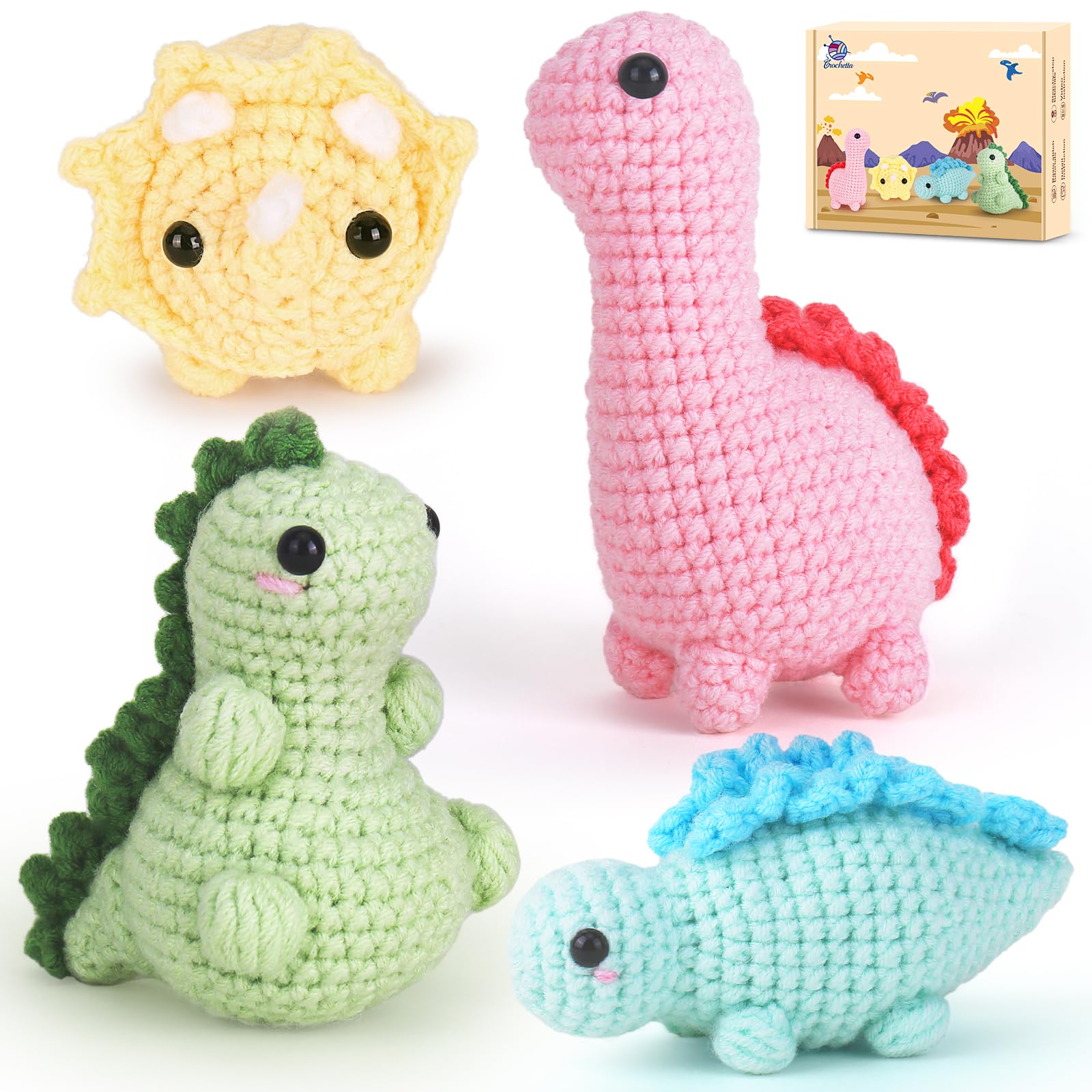 Crochet Kit for Beginners, Beginner Crochet Kit for Adults with Step-by-Step Video Tutorials, DIY Crochet Animal Kits Kids Knitting Supplies, 4 Pack Dinosaurs (40%+ Yarn)