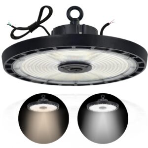 ufo led high bay light, 150w/100w/80w, 5000k/4000k adjustable, 25000lumens, 0-10v dimmable, super bright led shop light, ac100-277v, ip65 commercial bay lighting for garage warehouse, dlc qualified