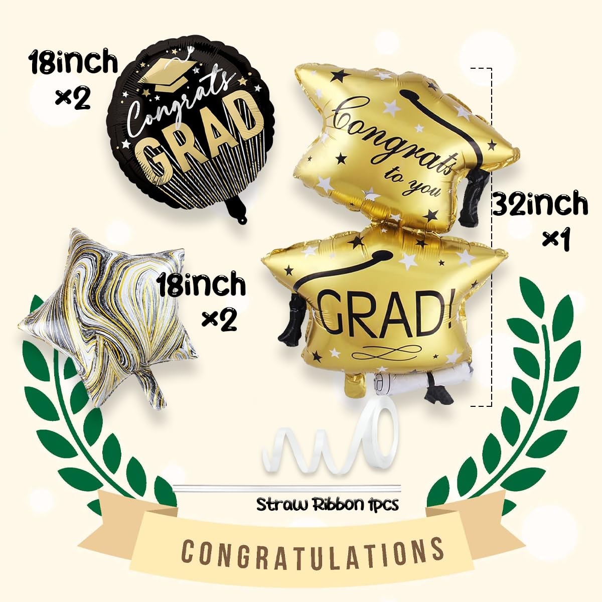 5pcs Graduation Theme Balloon Bouquet Set丨Golden Graduation Hat Foil Balloons丨Black Gold Marble Heart Balloons丨Congratulations Grad Round Balloons for Graduation Season We Are Proud of You Decoration