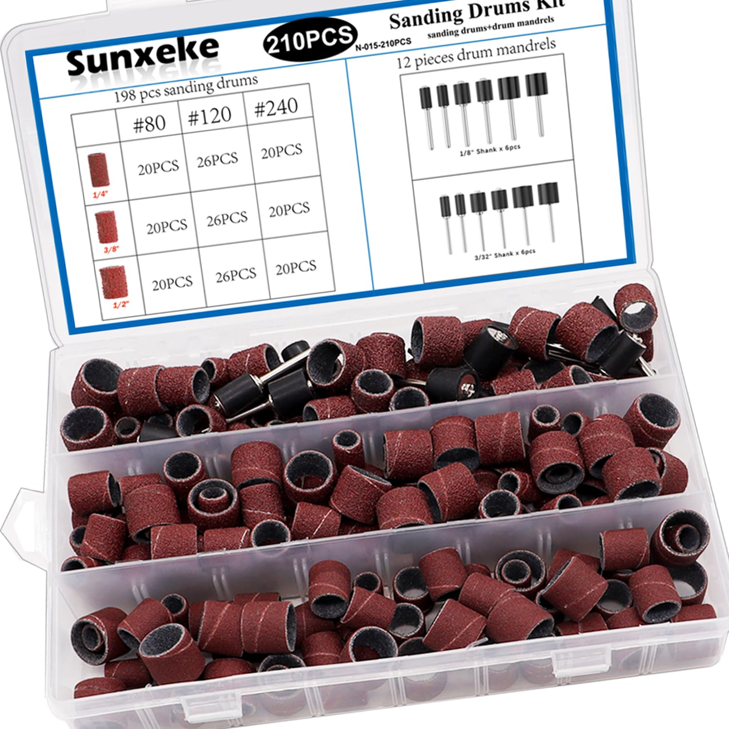 Sunxeke 210 Pieces Sanding Drum Set,Including 198 Pieces Aluminum Oxide 80 120 240Grit Drum Sander Sanding Sleeves and 12 Pieces Drum Mandrels for Rotary Tool,Sanding Drums with Box