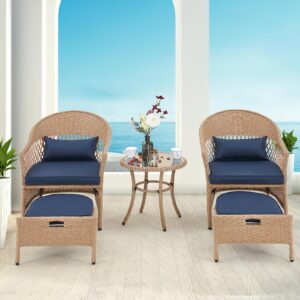 ECOTOUGE 5-Piece Patio Furniture Set, Outdoor Wicker Conversation Bistro Set with Glass Tempered Coffee Table, 2 Rattan Curved Armchairs, 2 Footrests for Porch, Backyard, Balcony, Blue