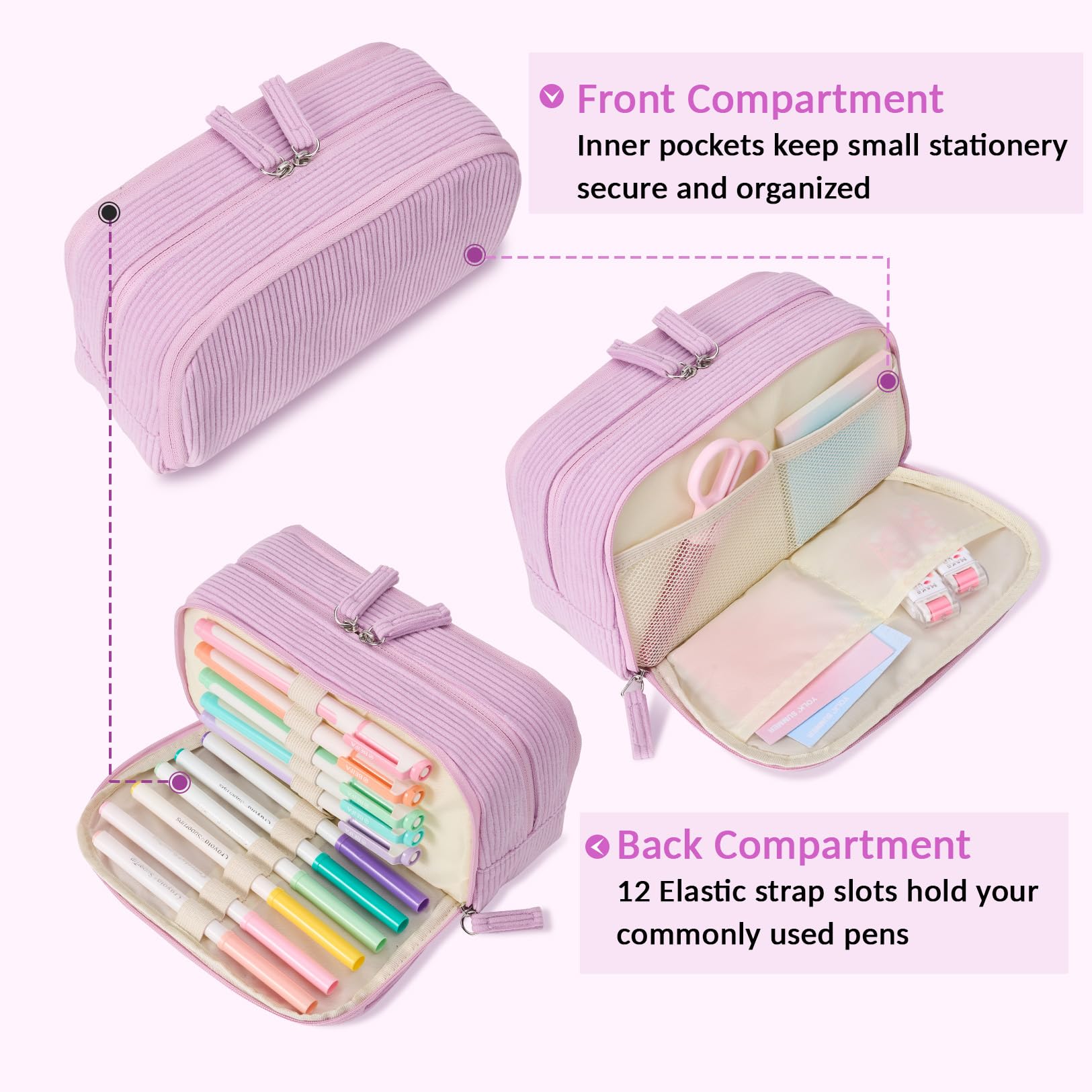 Sooez Big Capacity Pencil Case Pen Pouch, Soft Corduroy Pencil Bag with 3 Compartment, Multiple Pockets, Sturdy Zipper, Cute School Supplies Pen Bag Organizer For Teen Girls College