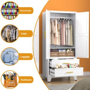 Anewome 71" Metal Armoire Wardrobe Closet with 2 Drawers, Freestanding 2-Door Tall Clothing Storage with Adjustable Shelves and Hanging Rod for Bedroom Dorm, White