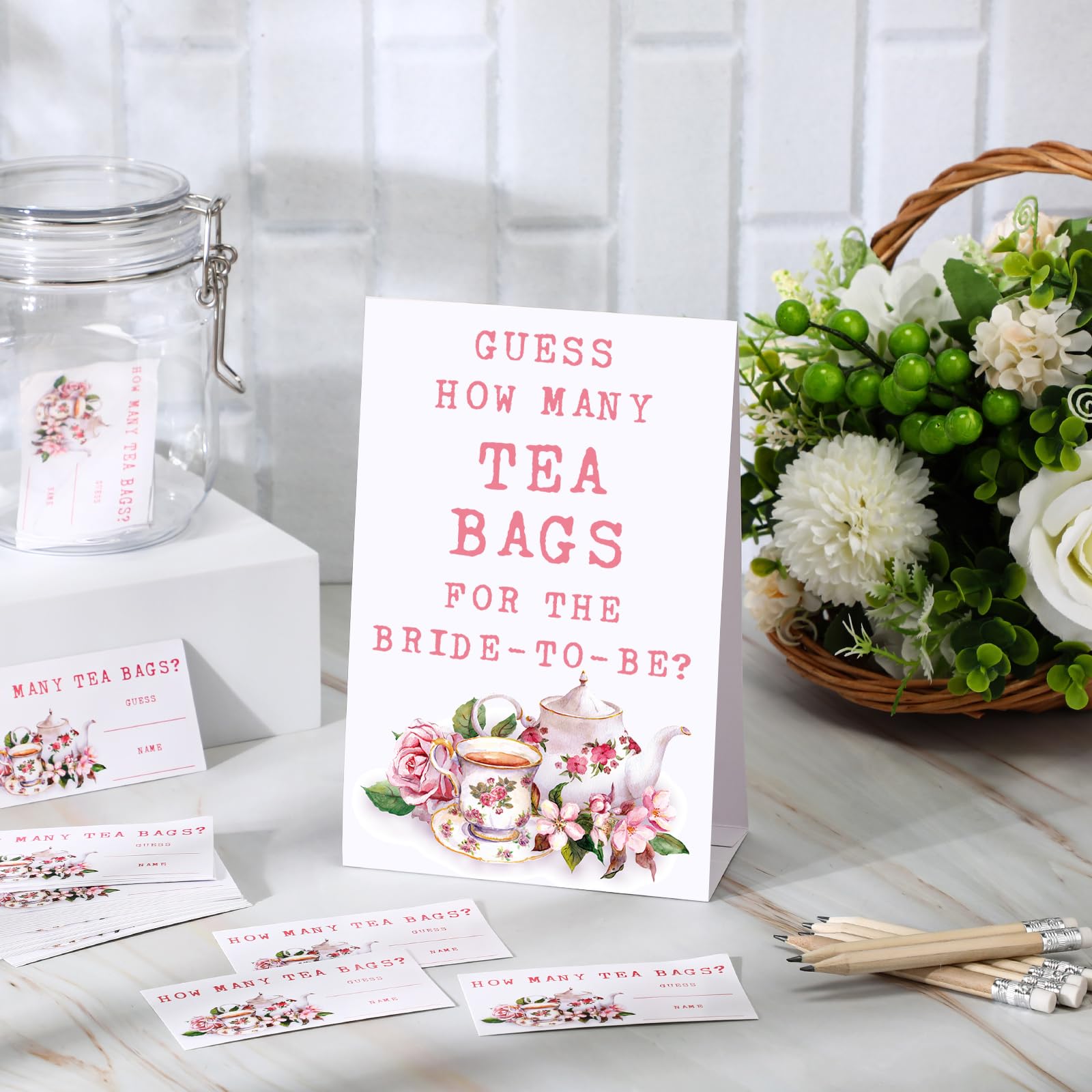 Ninehaoou 72 Pcs Bridal Shower Tea Party Favor Bridal Shower Game Prizes 1 Guessing How Many Tea Bags Sign 50 Bridal Shower Guessing Game Cards with 20 Pencils and 1 PET Jar for Guests Wedding Party