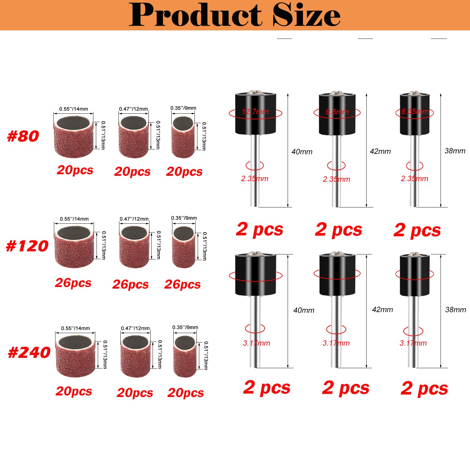 Sunxeke 210 Pieces Sanding Drum Set,Including 198 Pieces Aluminum Oxide 80 120 240Grit Drum Sander Sanding Sleeves and 12 Pieces Drum Mandrels for Rotary Tool,Sanding Drums with Box