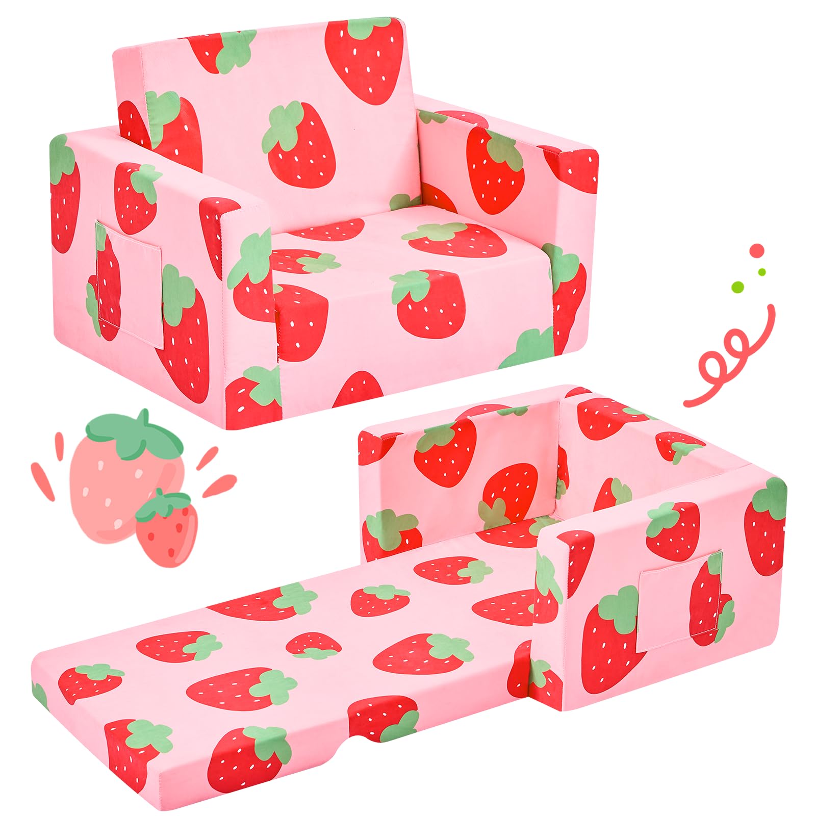 IFNOW Toddler Couch, Kids Chair Couch, 2-in-1 Kids Couch Fold Out, Convertible Kids Sofa to Lounger for Girls and Boys Chair for Toddlers Kids Chairs Toddler Baby Couch Kids Gifts (Strawberry, Medium)