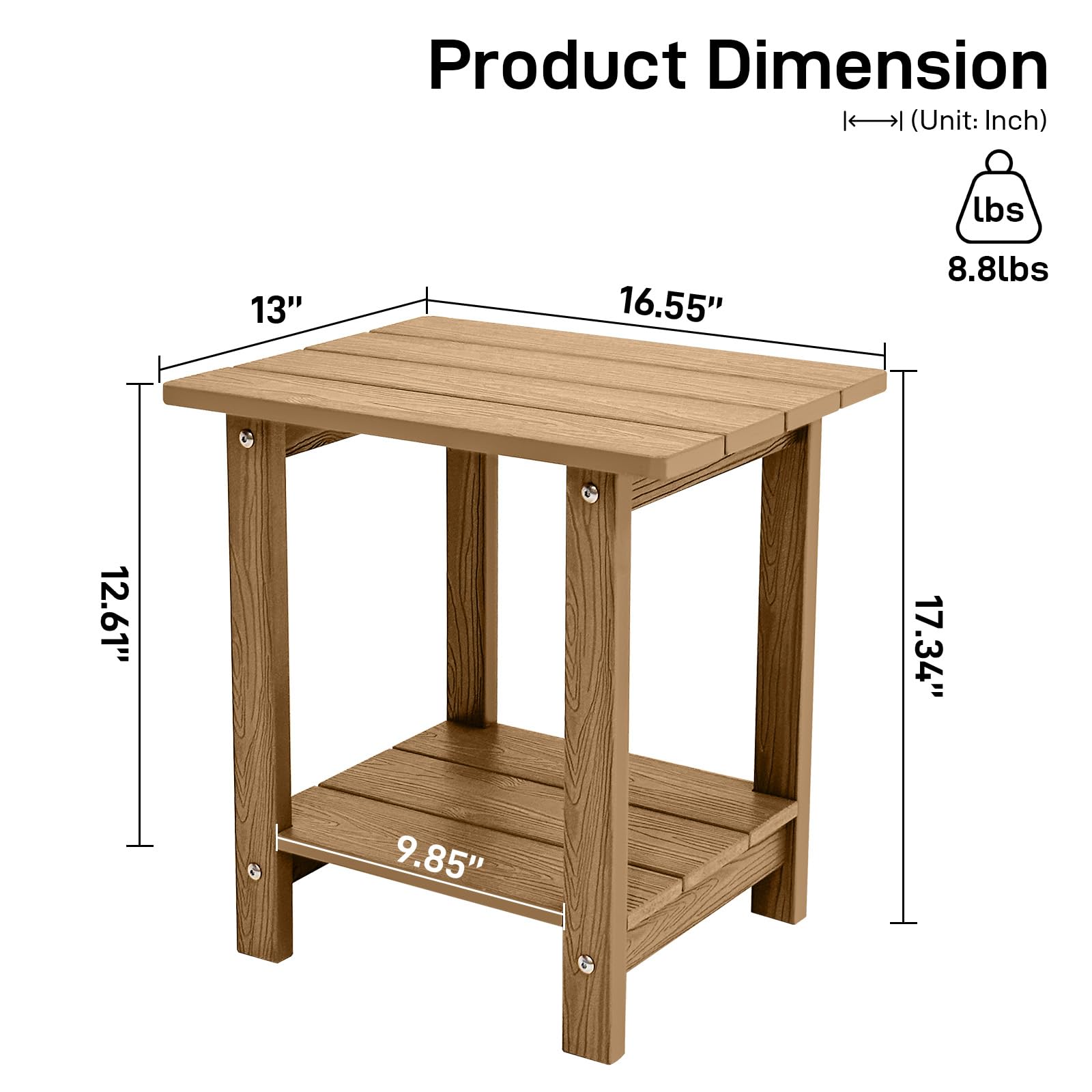 GARDIMAX Adirondack Outdoor Side Table, Weather Resistant Double Small End Table, HDPS Patio Side Table for Outdoor Indoor, Brown