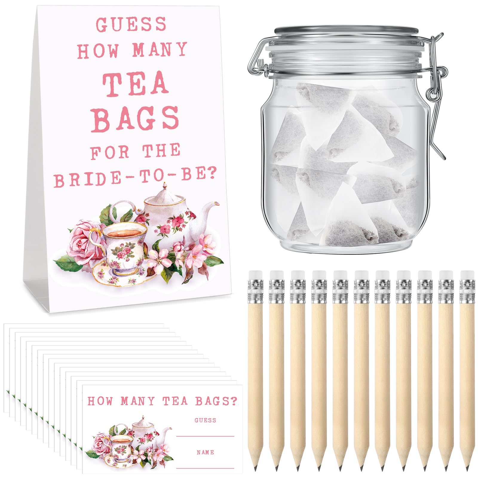 Ninehaoou 72 Pcs Bridal Shower Tea Party Favor Bridal Shower Game Prizes 1 Guessing How Many Tea Bags Sign 50 Bridal Shower Guessing Game Cards with 20 Pencils and 1 PET Jar for Guests Wedding Party