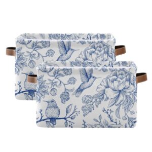 susiyo chinoiserie blue floral birds closet storage bins with pu handles, foldable fabric storage baskets for shelves, decorative baskets clothes storage baskets for organizing-2pack