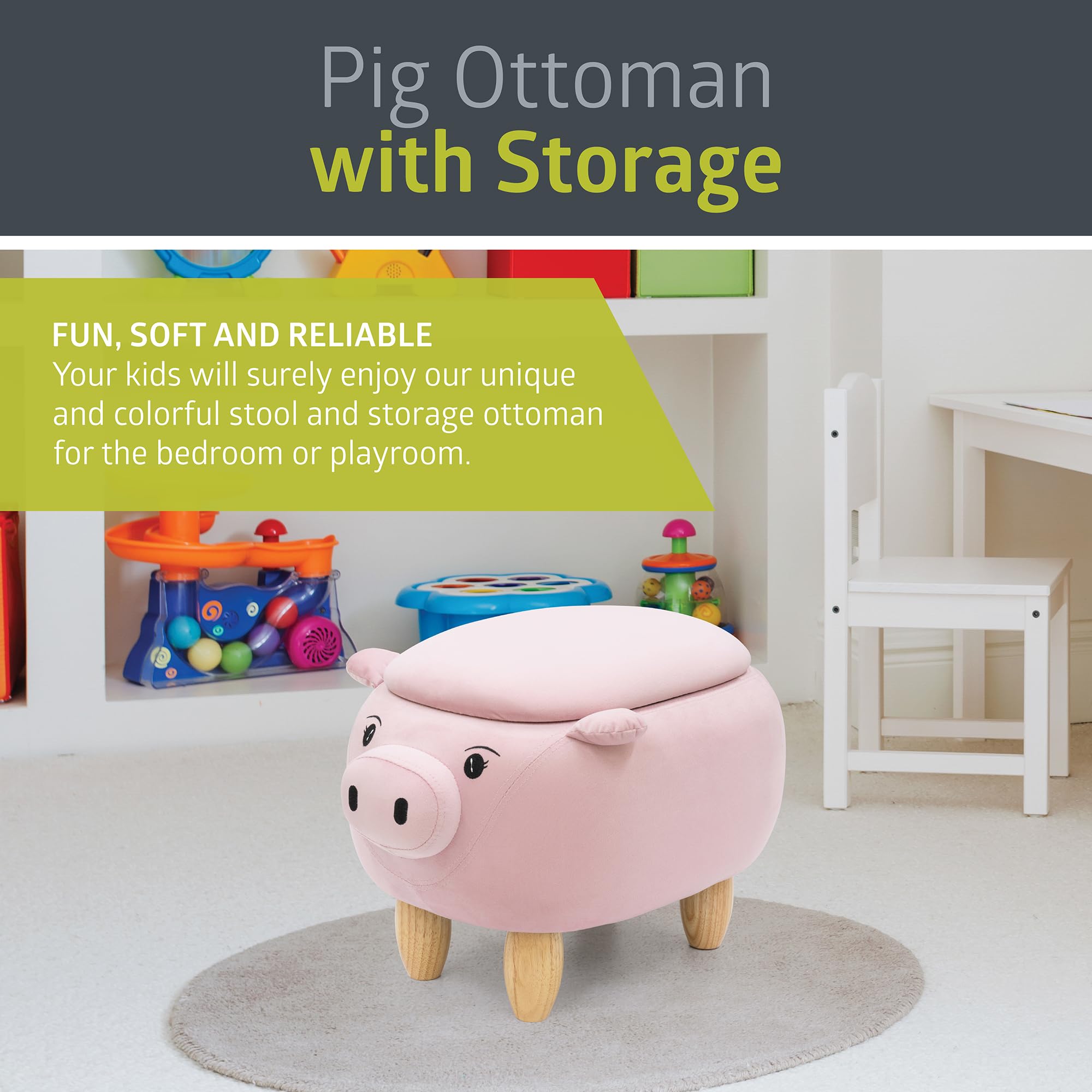 Pearington Pink Pig Ottoman with Storage, Furniture for Living Room, Gameroom, Playroom, Bedroom Décor,Soft Animal-Shaped