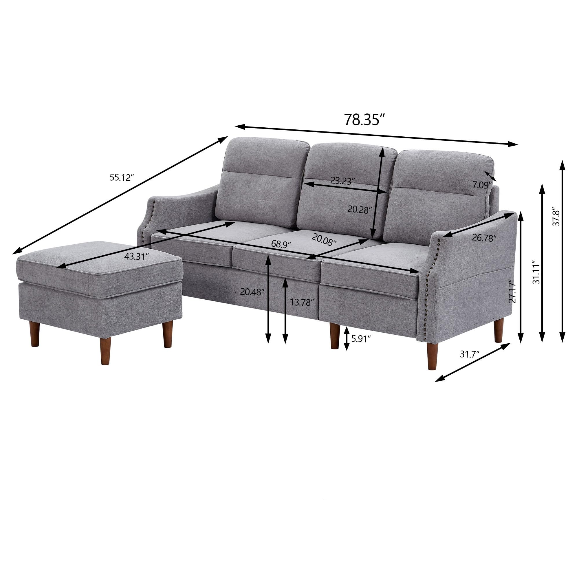 Enobala 79" Convertible Sectional Sofa Couch, 3 Seat L Shaped Sofa for Living Room, Apartment and Office