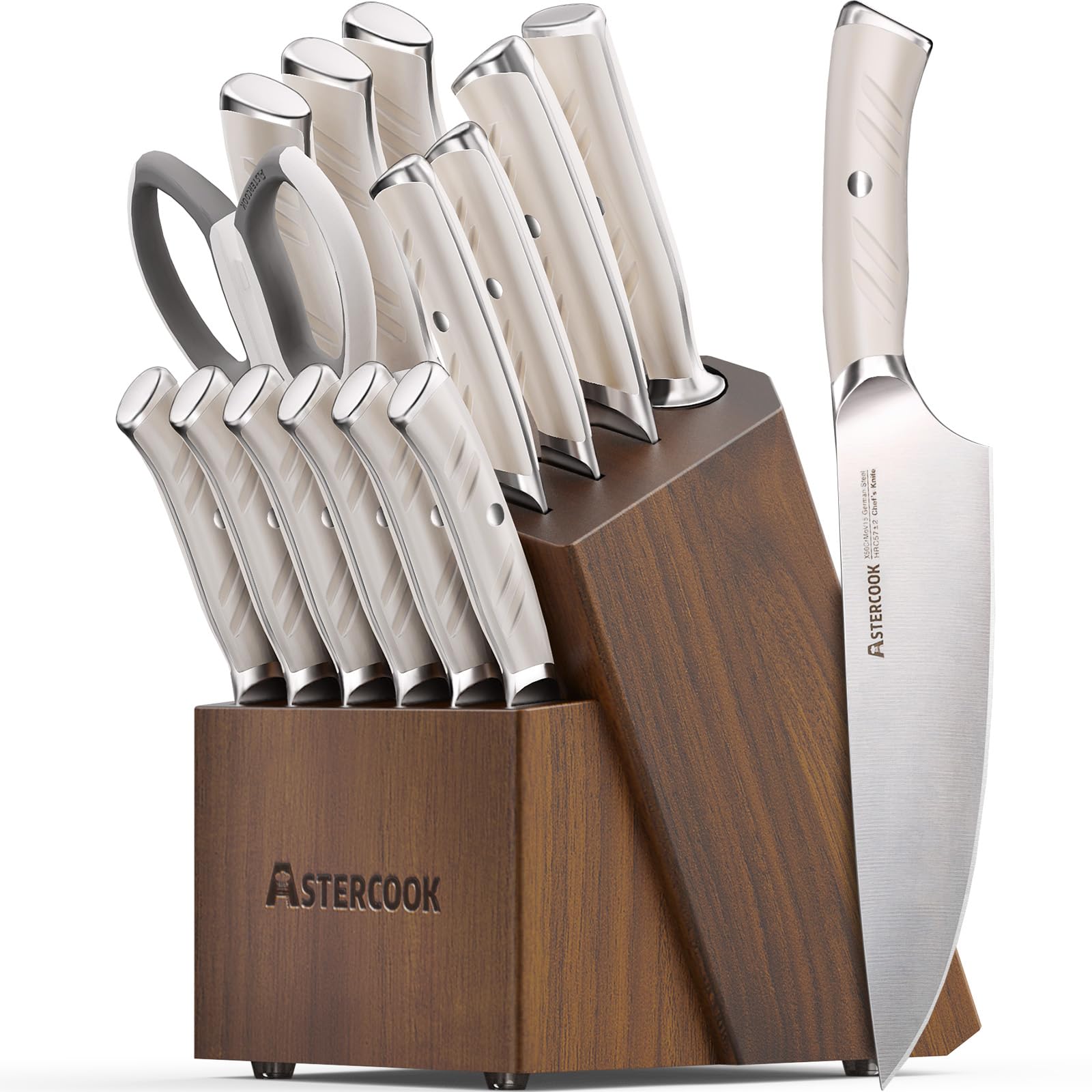 Knife Set, Astercook 15 Pcs Luxurious Kitchen Knife Set with Block, High Carbon German Stainless Steel Knife Block Set