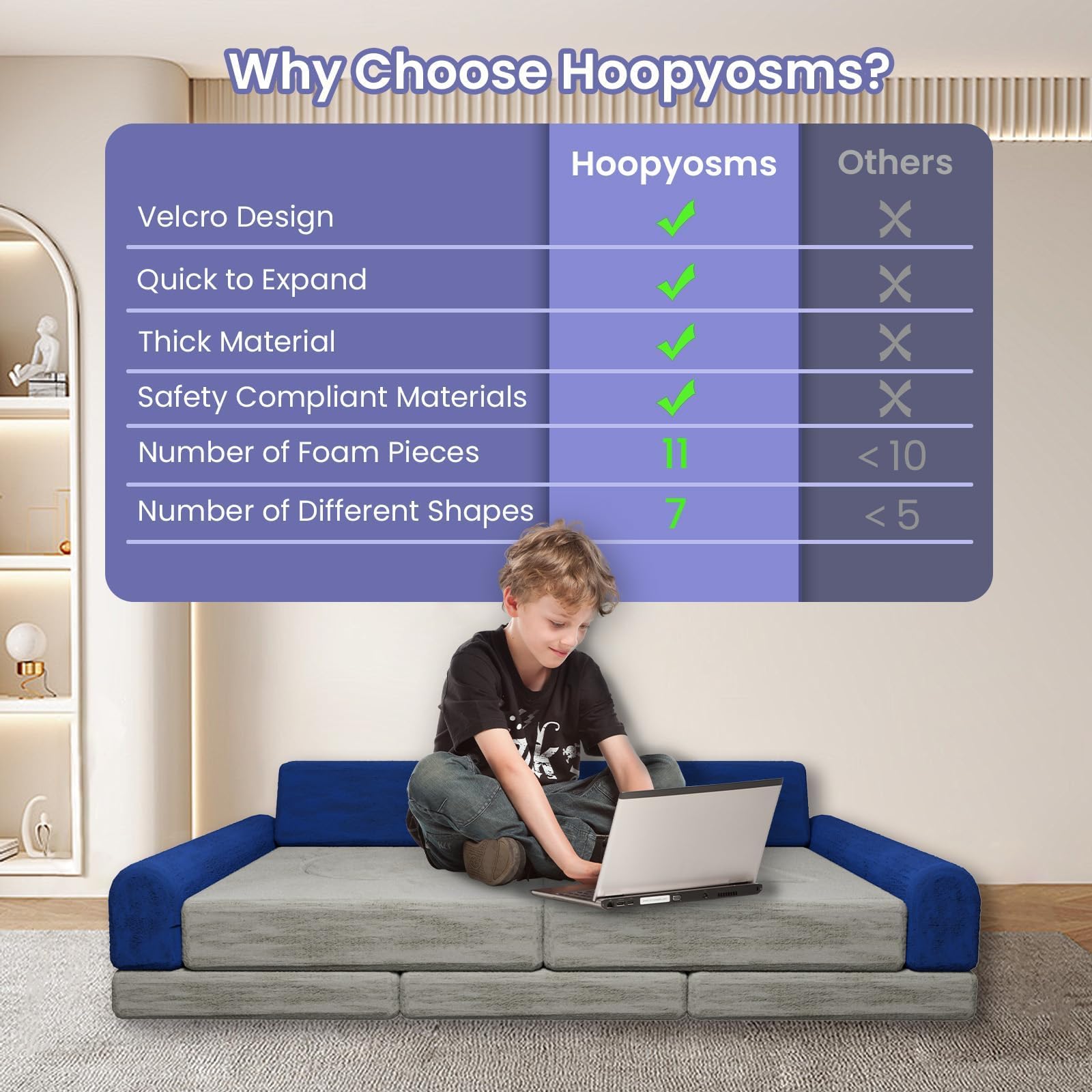 hoopyosms 11-Piece Modular Kids Play Couch Convertible Foam Sofa for Toddlers Indoor Playroom & Bedroom Fun Building Block Sofa (Grey and Blue)