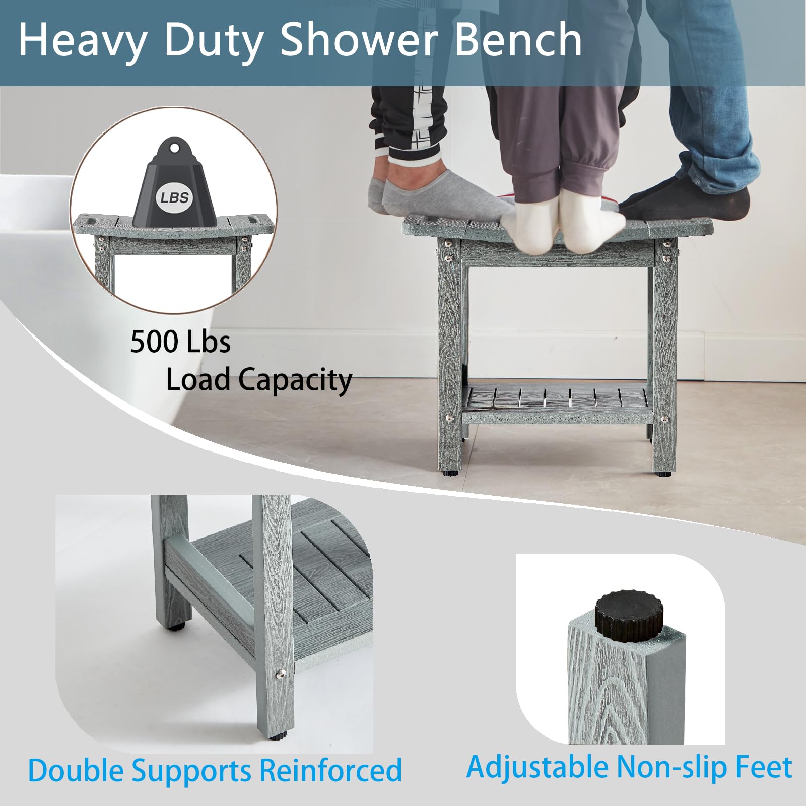 Waterproof Shower Stool for Inside Shower,Heavy Duty Bench for Shower, Plastic Bariatric Shower Bench with Handles & Shower Head Holder, Poly Lumber Shower Chair Seat with Storage Shelf (Gray)…