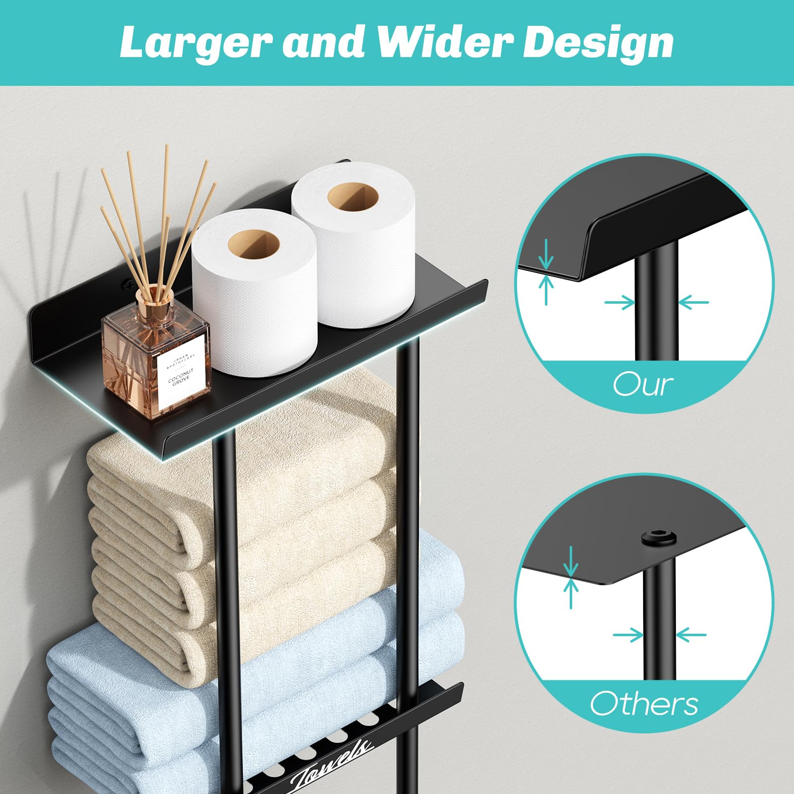 Towel Racks for Bathroom - Bathroom Towel Storage Rack Wall Mounted, Black Wall Towel Holder for Rolled Towels