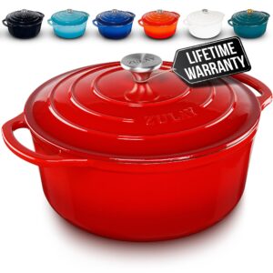 zulay kitchen 6 quart enameled cast iron dutch oven with lid – premium durability & oven safe up to 500°f – heavy duty cookware perfect for bread baking, stews, braising & roasting – red