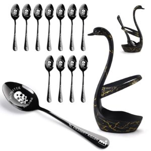 12 pcs skull coffee spoons set with large black swan base holder oiulo stainless steel 6.7-inch creative dinnerware set goth pattern fruit,dessert,stirring, mixing, sugar, stir, cake ice cream