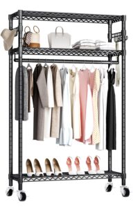 zerder metal clothing rack for closet, heavy duty clothes rack with 1 hanging rods,3 tiers shelves and side hooks, freestanding garment rack