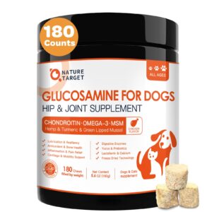 glucosamine for dogs, joint supplement for dogs, 180 counts, chondroitin, omega-3, msm, turmeric for pain relief, dog joint supplement with calcium for bone health, chicken flavored crunchy chews