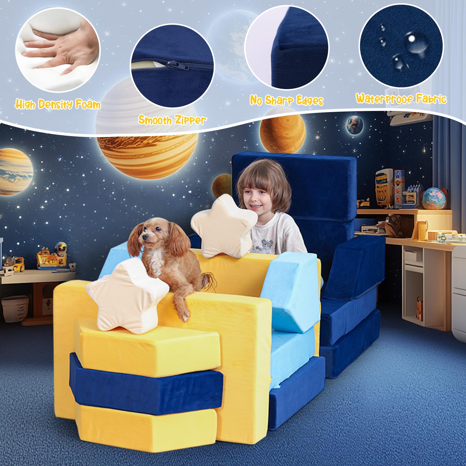 Erament 28PCS Modular Kids Play Couch - Universe Theme Toddler Couch Building Fort, Sofa Foam Couch Play Couch Set, Multifunctional Kids Sofa for Toddler to Teenagers, Playroom, Bedroom, Living Rooms