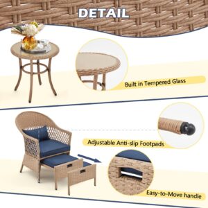 ECOTOUGE 5-Piece Patio Furniture Set, Outdoor Wicker Conversation Bistro Set with Glass Tempered Coffee Table, 2 Rattan Curved Armchairs, 2 Footrests for Porch, Backyard, Balcony, Blue