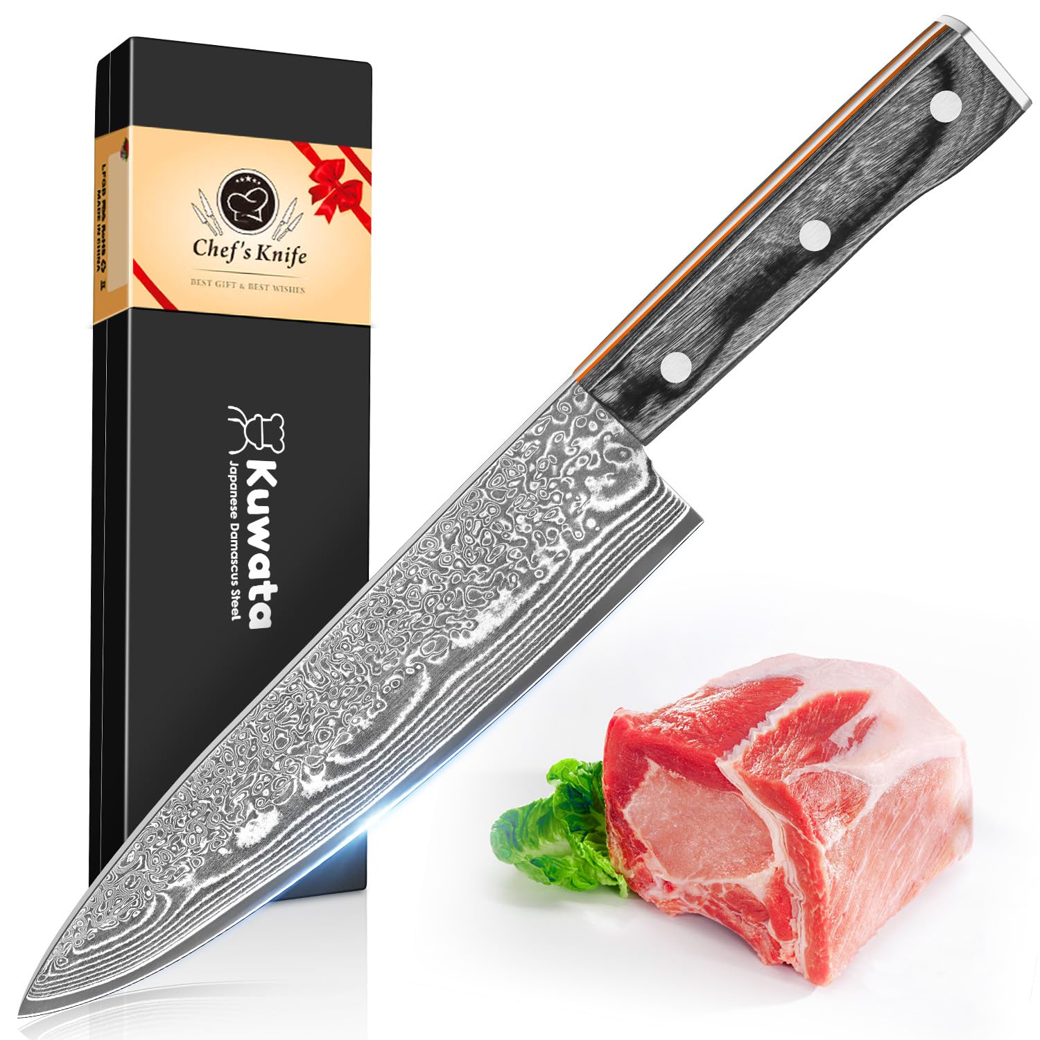 Damascus Chef Knife 8 Inch, Professional Japanese VG10 Damascus Steel Super Sharp Cooking Knife, G10 Ergonomic Color Wooden Handle with Luxury Gift Box