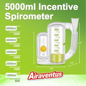 Incentive Spirometer Adult, Breathing Exercise Device for Lungs, 5000ml Capacity, Made with Medical-Grade Shatterproof PC Material, Easy-to-Read Scale, Airflow Indicator for Controlled Breathing