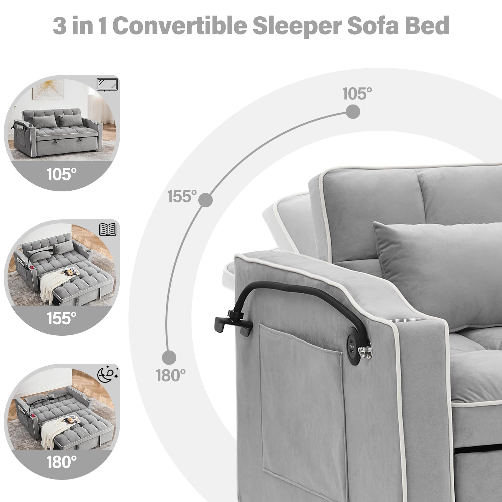 3 in 1 Sleeper Sofa Couch Bed,Velvet Convertible Loveseat Sleeper Sofa Bed,Pull Out Sofa Bed With USB Port & Ashtray and Swivel Phone Stand & Storage Pockets,Modern Sleeper Sofa for Living Room,Gray