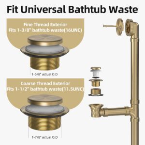 Sogmeter Brushed Gold Tub Drain Kit with Hair Catcher, Premium Brass Tip-Toe Bathroom Tub Drain Replacement and 2-Hole Overflow Faceplate, 11.5/16 UNC Bathtub Drain Stopper Assembly