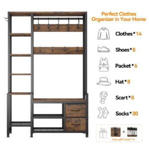 WODRAWER Hall Tree for Entryway 43", Bench with Shoe Storage, Large Coat Rack Shoe Bench with 5 Tier Shelves, 5 in 1 Design Front Door Shoe Rack and Wall Rack Hooks, and 2 Drawers (Rustic Brown)