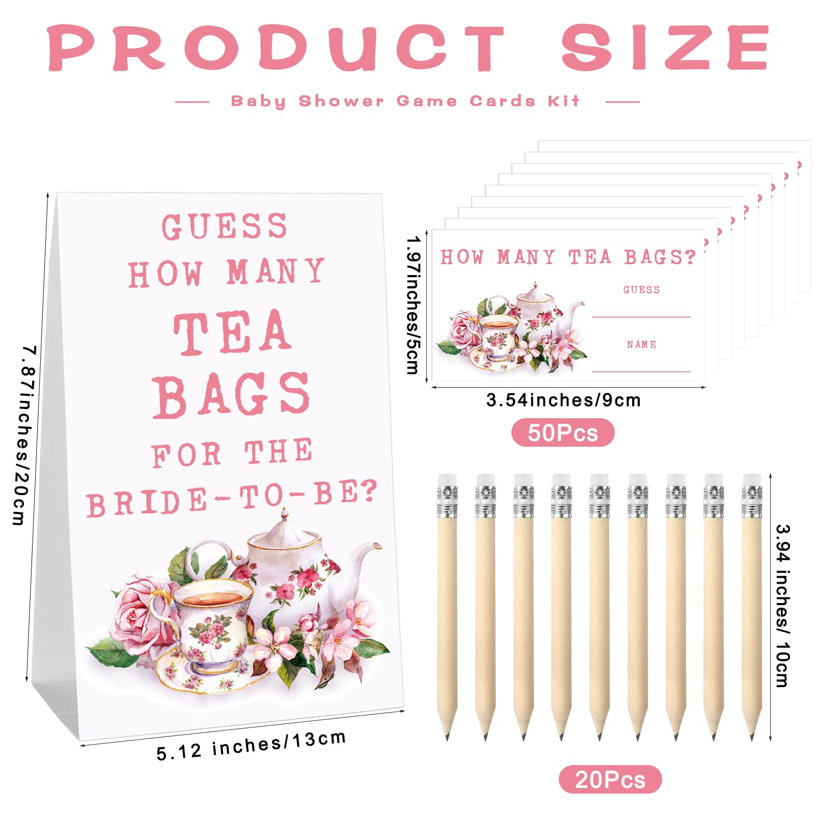 Ninehaoou 72 Pcs Bridal Shower Tea Party Favor Bridal Shower Game Prizes 1 Guessing How Many Tea Bags Sign 50 Bridal Shower Guessing Game Cards with 20 Pencils and 1 PET Jar for Guests Wedding Party