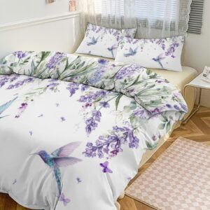 gdscclgx rustic spring lavender hummingbird duvet cover set 3 piece queen size,1 modern minimalist art vine purple garden lavender butterfly duvet cover&2 pillowcases(no insert)