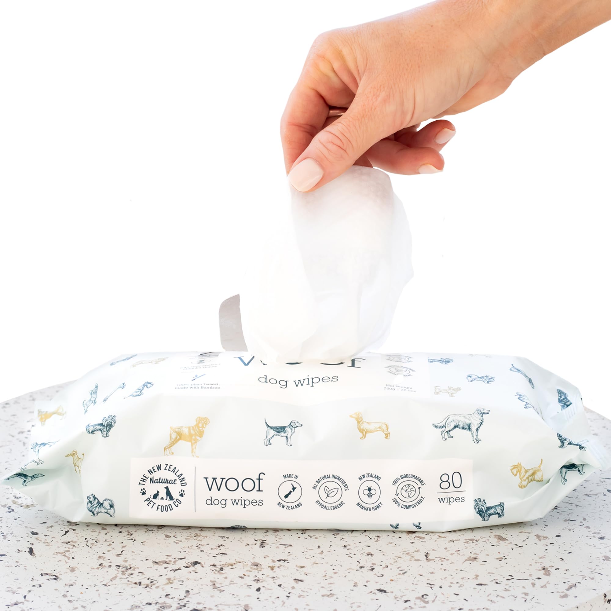 The New Zealand Natural Pet Food Co. WOOF Dog Wipes - Pet Wipes for Body, Eyes, Ears & Paws, with Manuka Honey, 26.5 oz - 80 Wipes