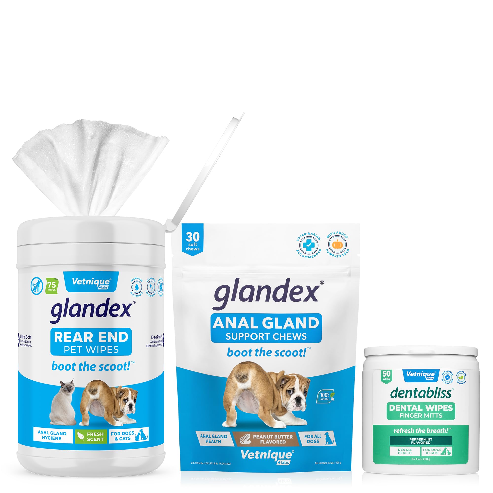 Dentabliss Dog Dental Wipes Finger Mitts 50ct Plus Glandex for Dogs Anal Gland Support Chews 30ct & Glandex Anal Gland Hygienic Pet Wipes 75ct Daily Health & Hygiene Pet Essentials Bundle