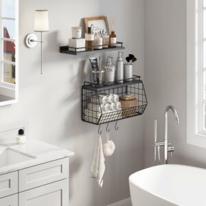 MVPSONAG Bathroom Shelves Over Toilet Wall Mounted Floating Shelves with Wire Basket and Hooks Metal Shelf Organizer for Bathroom, Bedroom, Living Room, Kitchen, Home Storage